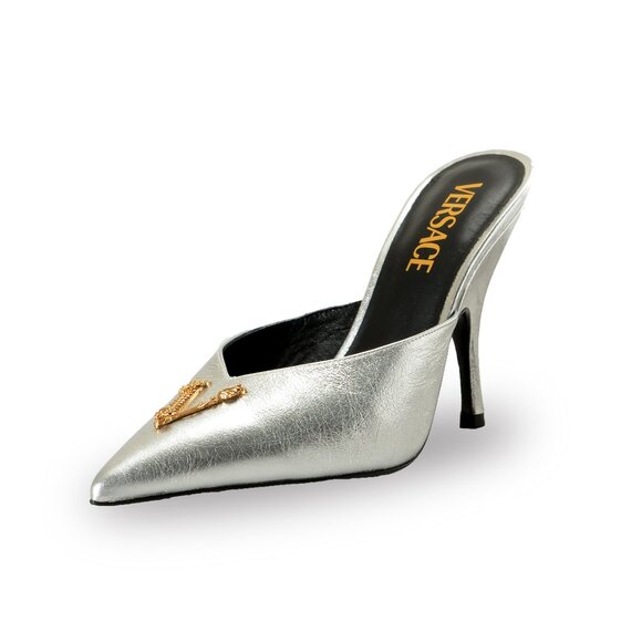Versace Women's V Logo 100% Textured Leather Heeled Mules Shoes US 6 IT 36